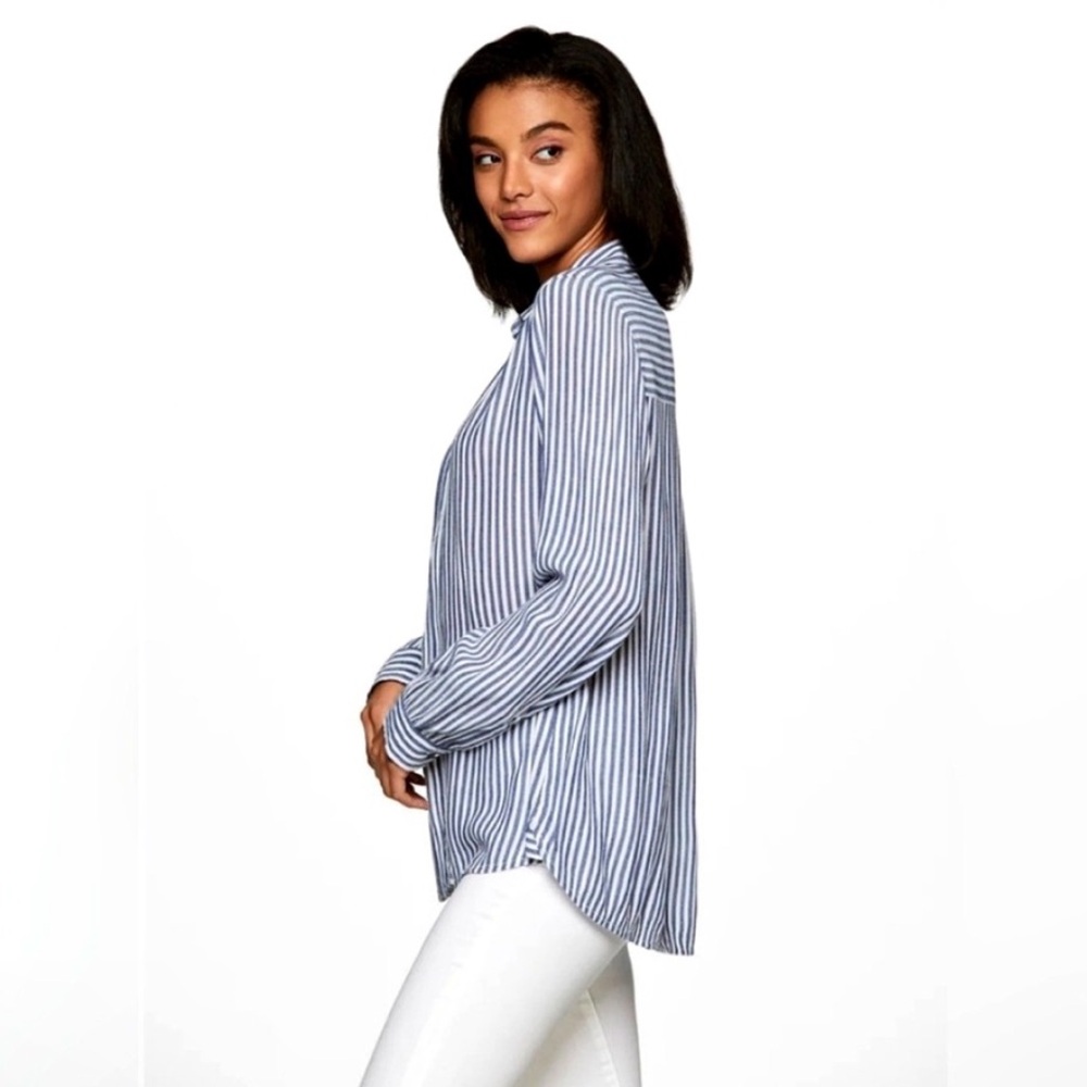 beachlunchlounge Blue-Grey & White Stripe Rayon Button Down Boyfriend Shirt S/P - Picture 6 of 14